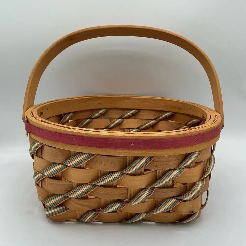 Striped Handwoven Round Basket Hinged Handle Pink/Green